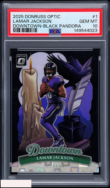 2025 PANINI DONRUSS OPTIC DOWNTOWN LAMAR JACKSON #1 BLACK PANDORA 4 OF 25 PSA 10
