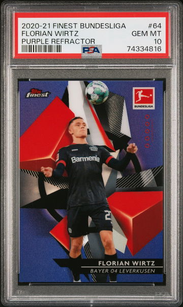 2020 TOPPS FINEST BUNDESLIGA FLORIAN WIRTZ PURPLE REFRACTOR #64 RC ROOKIE PSA 10