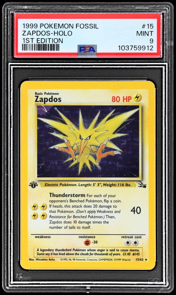 1999 Pokemon Fossil Zapdos 1st Edition Holo PSA 9