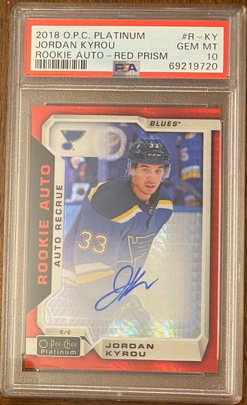 Jordan Kyrou - 2018 OPC Platinum Rookie Auto Red Prism  /50  -  PSA 10