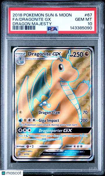2018 Pokemon Sun & Moon Dragon Majesty Dragonite GX #67 PSA 10
