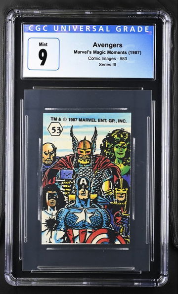 1987 COMIC IMAGES MARVEL HISTORY OF THE X-MEN STICKER AVENGERS #53 CGC 9 MINT