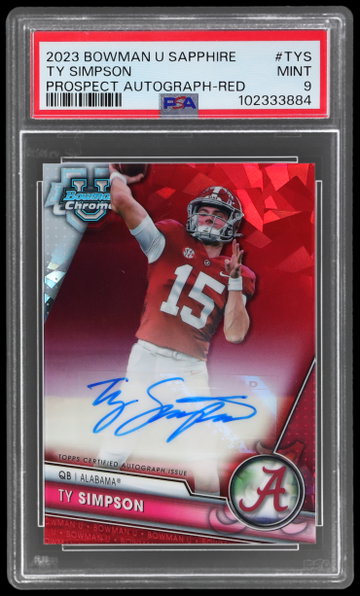 2023 Bowman University Chrome Sapphire Ty Simpson Prospect Autograph Red PSA 9