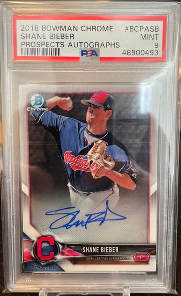 Shane Bieber 2018 Bowman Chrome 1st Prospect Auto PSA 9