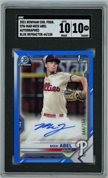 2021 Bowman Chrome Prospect Blue Refractor Autographed /150 Mick Abel SGC 10 w 10 Auto