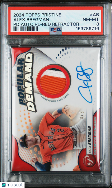 2024 Topps Pristine Popular Demand Autograph Relics Alex Bregman #AB PD RL Red Refractor /5 PSA 8 Topps