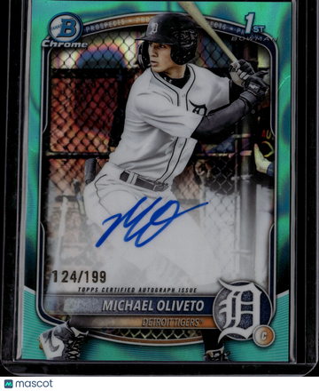2025 Topps Bowman Chrome Michael Oliveto #CPA-MO Aqua Refractor /199 1st Bowman