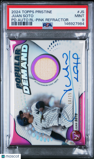 2024 Topps Pristine Popular Demand Autograph Relics Juan Soto #JS PD RL Pink Refractor /15 PSA 9 Topps