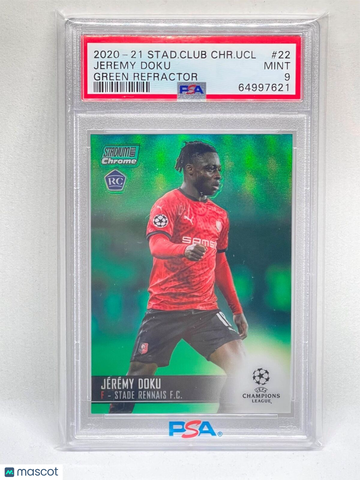 2020 Stadium Club Chrome UEFA Champions League Jeremy Doku #22 Green Refractor PSA 9