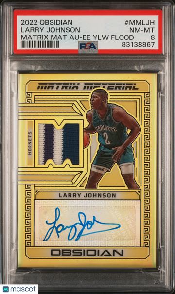 2022 Panini Obsidian Matrix Material Autos Larry Johnson #MMLJH Ee Ylw Flood PSA 8