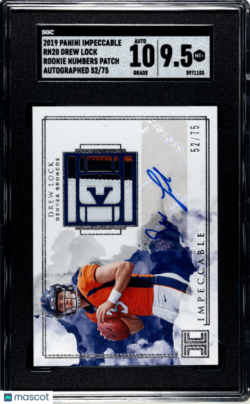 2019 Panini Impeccable Drew Lock #RN20 Rookie Numbers Patch Auto. SGC 9.5