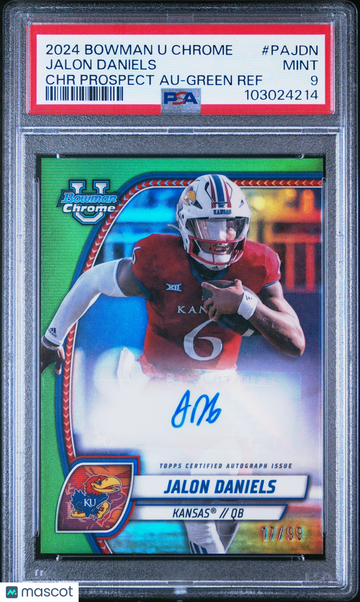 2024 Bowman University Chrome Bowman Chrome Prospect Autographs Jalon Daniels #PAJDN Chr Prospect Au-Green Ref PSA 9