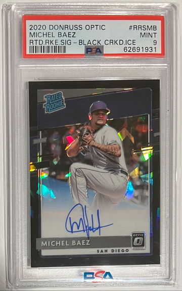 2020 Donruss Optic Black Cracked Ice /25 Michael Baez Rookie Auto PSA 9 Padres
