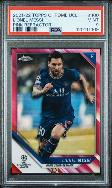 2021 Topps Chrome UEFA Champions League Pink Refractors Lionel Messi #100 /175 PSA 9