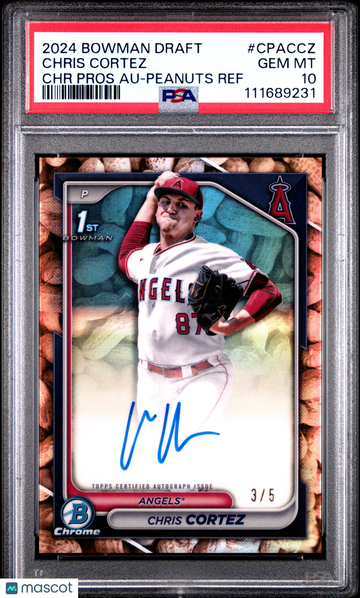 2024 Bowman Draft Chrome Prospect Autographs Chris Cortez #CPACCZ Peanuts Ref 3 / 5 PSA 10 Auto