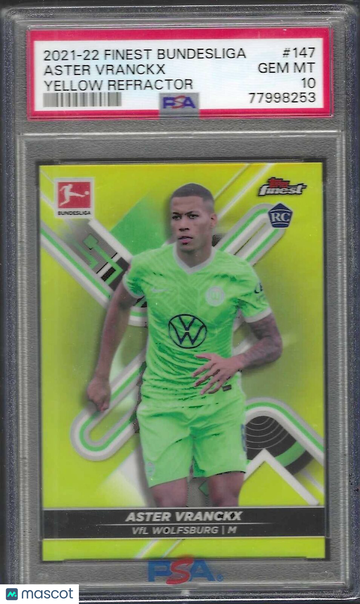 2021-2022 Topps Finest Bundesliga Aster Vranckx #147 Yellow Refractor PSA 10