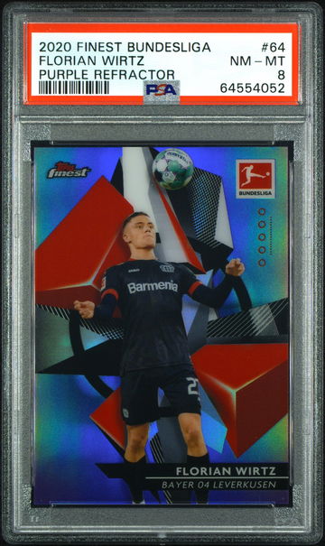 2020 TOPPS FINEST BUNDESLIGA FLORIAN WIRTZ PURPLE REFRACTOR #64 RC ROOKIE PSA 8