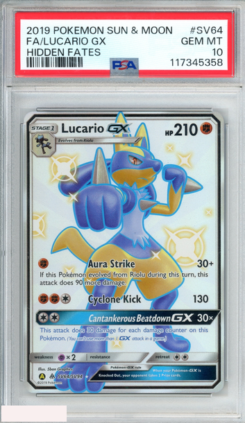 2019 POKEMON SUN AND MOON HIDDEN FATES FA LUCARIO GX #SV64 PSA 10 GEM MT