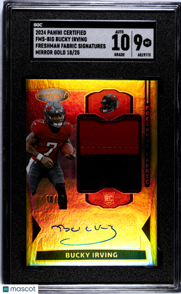 2024 Panini Certified Bucky Irving #FMS-BIG Freshman Fabric Sigs. Mirror Gold 25 SGC 9 Auto 10