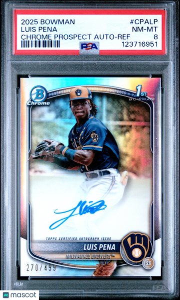 2025 Bowman Chrome Prospect Autographs Luis Pena #CPALP Ref /499 PSA 8