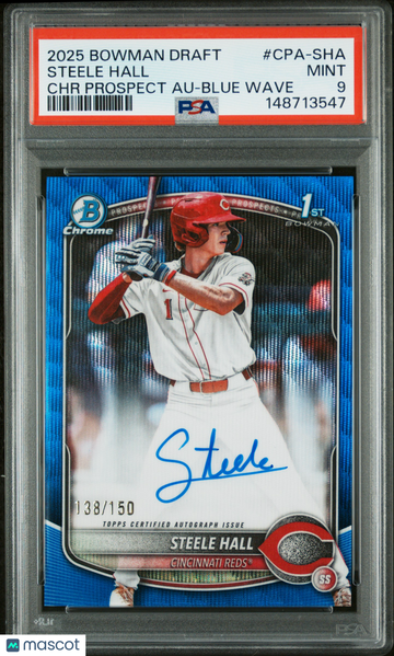 2025 Bowman Draft Chrome Prospect Autographs Steele Hall #CPA-SHA Blue Wave /150 PSA 9