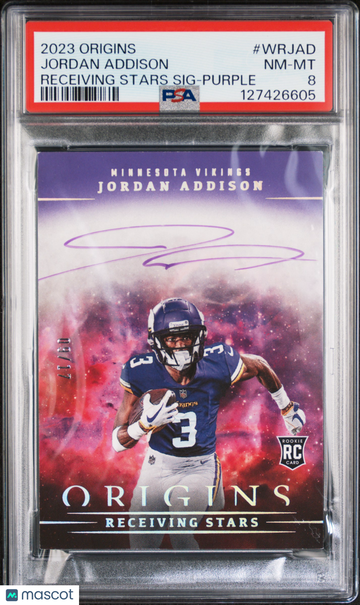 2023 Panini Origins Receiving Stars Signatures Jordan Addison #WRJAD Purple /17 PSA 8