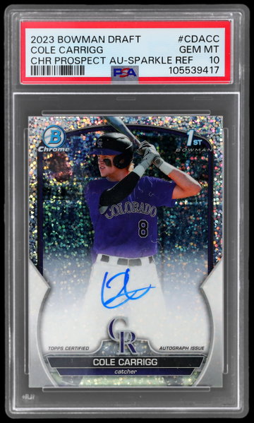 2023 Bowman Chrome Draft Cole Carrigg Prospect Autograph Sparkle Refractor PSA 10