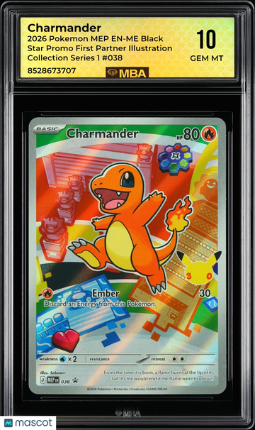 2026 Pokemon MEP EN-ME Black Star Promo Charmander #038 First Partner Illustration Collection Series 1 MBA 10