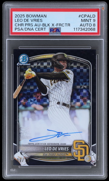 2025 Bowman Leo De Vries Chrome Prospect Autograph Black X-fractor PSA 9 AUTO