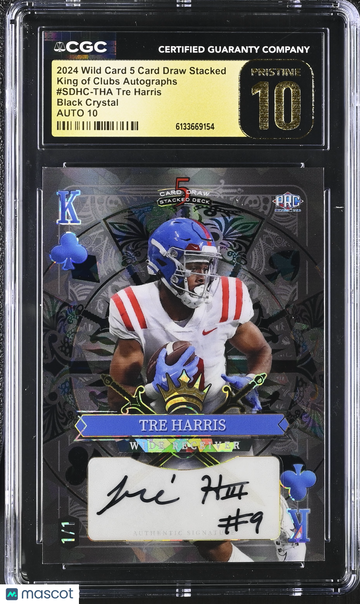 2024 Wild Card 5 Card Draw Stacked Tre Harris #SDHC-THA Black Crystal /1 King of Clubs Autographs CGC 10 Auto 10