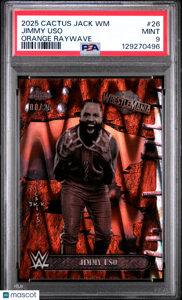 2025 Topps Chrome WWE Cactus Jack X Wrestlemania Jimmy Uso #26 Orange Raywave /25 PSA 9