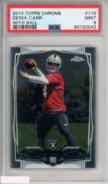2014 TOPPS CHROME DEREK CARR #115 WITH BALL ROOKIE LAS VEGAS RAIDERS RC PSA 9