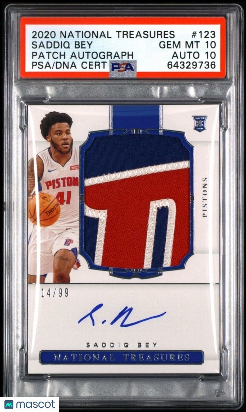 SADDIQ BEY 2020 NATIONAL TREASURES /99 TRUE RPA ROOKIE RC LOGO PATCH AUTO PSA 10