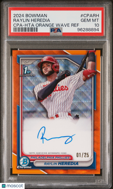 2024 Bowman Chrome Prospect Autographs Raylin Heredia #CPARH Prspct Hta Org Wave /25 PSA 10