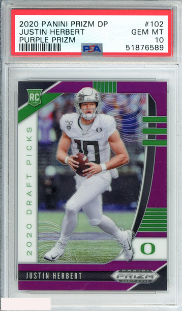 2020 PANINI PRIZM DP JUSTIN HERBERT #102 PURPLE PRIZM ROOKIE RC PSA 10 GEM MT