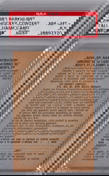 1962 Parkhurst Zip Hockey Contest Tally Game Card PSA 8.5 P1332