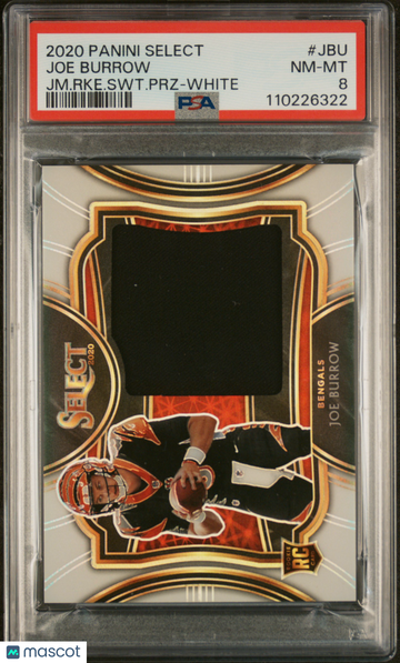 2020 Panini Select Jumbo Rookie Swatch Prizm Joe Burrow #JBU JM. RKE. SWT. PRZ White PSA 8
