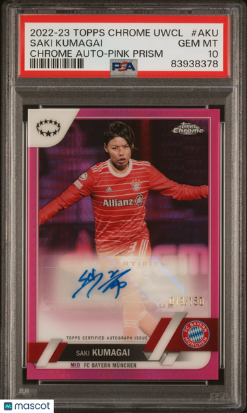 2022-23 Topps Chrome UEFA Women's Champions League Saki Kumagai #AKU Chrome Auto-Pink Prism PSA 10