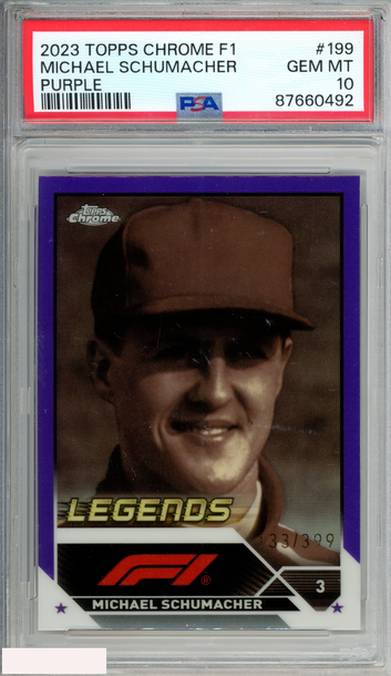 2023 TOPPS CHROME FORMULA 1 MICHAEL SCHUMACHER #199 PURPLE 133 OF 399 PSA 10