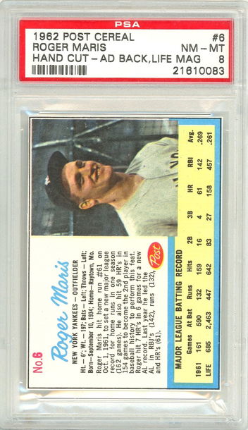 1962 Post Cereal Roger Maris #6 Hand Cut-Ad Back, Life Mag PSA 8