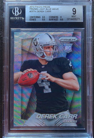 DEREK CARR 2014 PANINI PRIZM LIGHT BLUE WAVE /99 BGS 9 POP 1
