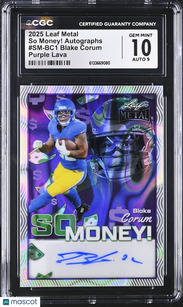 2025 Leaf Metal Blake Corum #SM-BC1 Purple Lava So Money! Autographs CGC 10 Auto 9