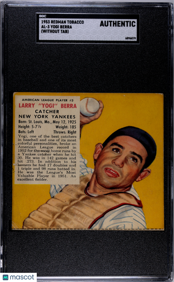 1953 Redman Tobacco Yogi Berra #AL-3 (Without Tab) SGC A