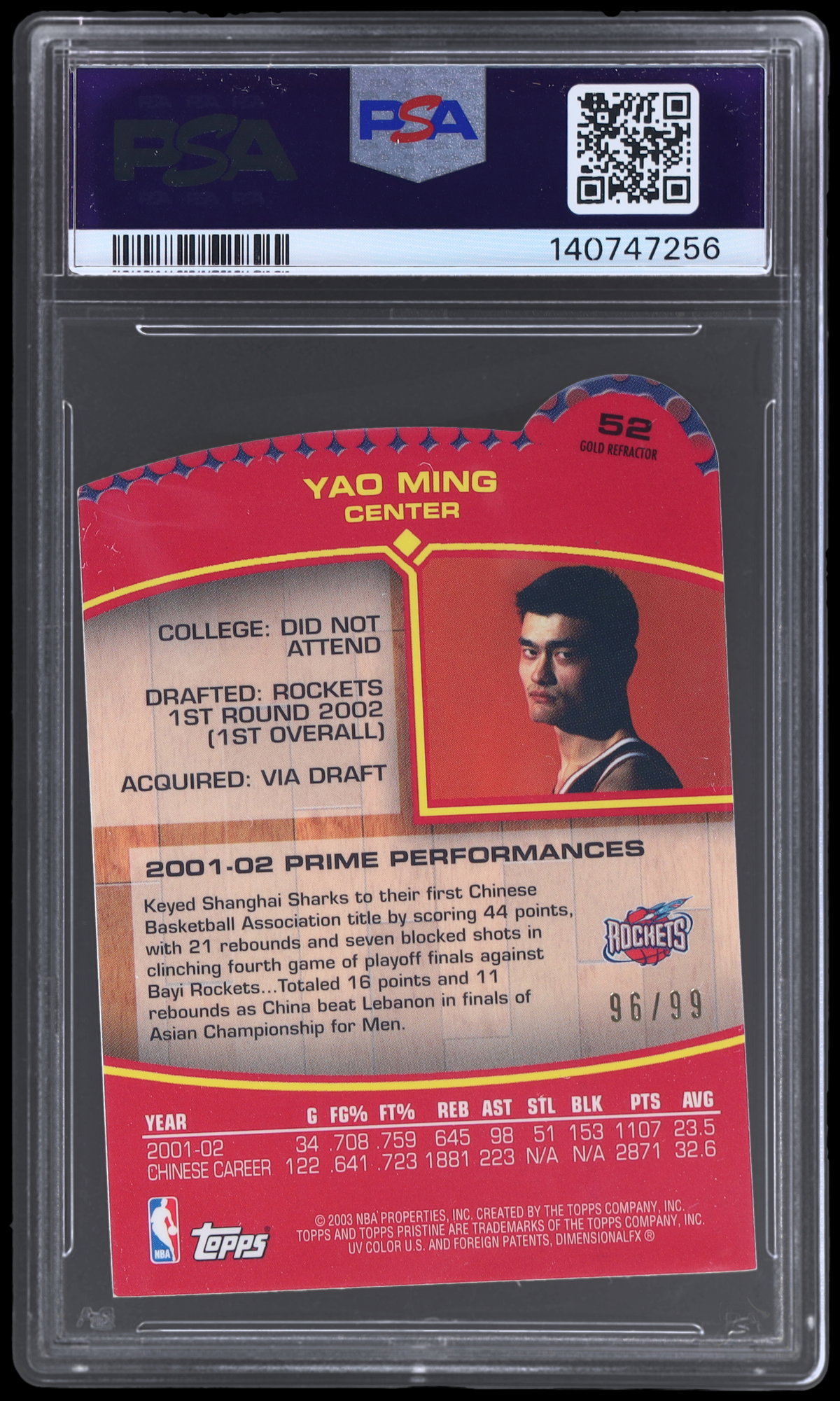 2002 Topps Pristine Yao Ming Die-cut Gold Refractor PSA 9 RC | MySlabs