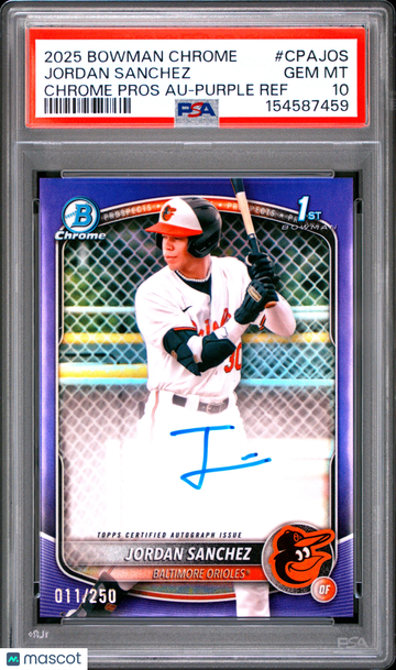 2025 Bowman Chrome Prospect Autographs Jordan Sanchez #CPAJOS Purple Ref /250 PSA 10