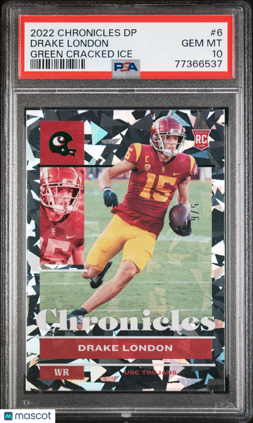 2022 Panini Chronicles Draft Picks Drake London #6 Green Cracked Ice /6 Short Print Parallel/Variety Rookie PSA 10
