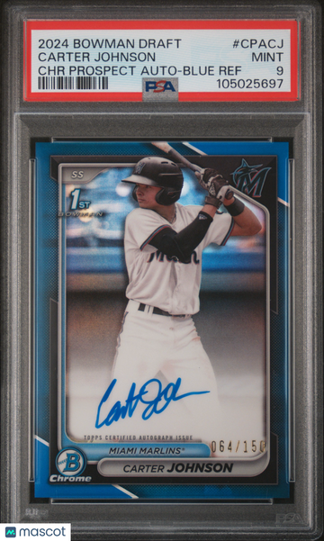 2024 Bowman Draft Chrome Prospect Autographs Carter Johnson #CPACJ Blue Ref /150 PSA 9