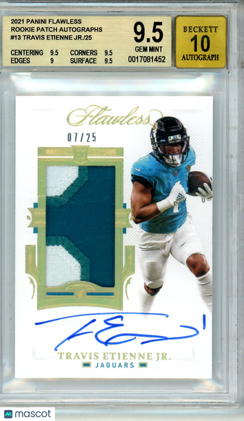 2021 Panini Flawless Rookie Patch Autographs Travis Etienne Jr. #13 /25 Rookie BGS 9.5 Auto 10