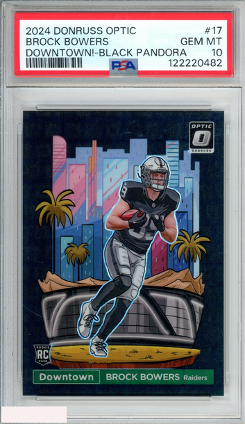 2024 DONRUSS OPTIC DOWNTOWN! BROCK BOWERS #17 BLACK PANDORA 17 OF 25 RC PSA 10