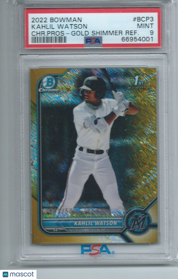 2022 Bowman Chrome Prospects Kahlil Watson #BCP3 CHR. Pros Gold Shimmer Refractor PSA 9